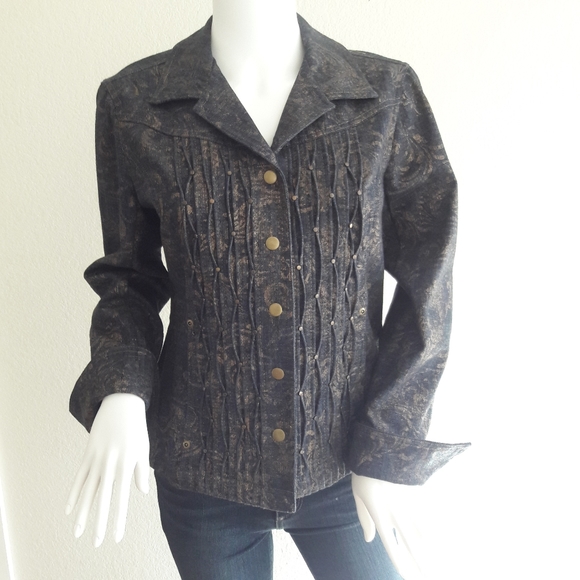 Coldwater Creek Jackets & Blazers - Coldwater Creek Gold Damask Print Denim Jacket